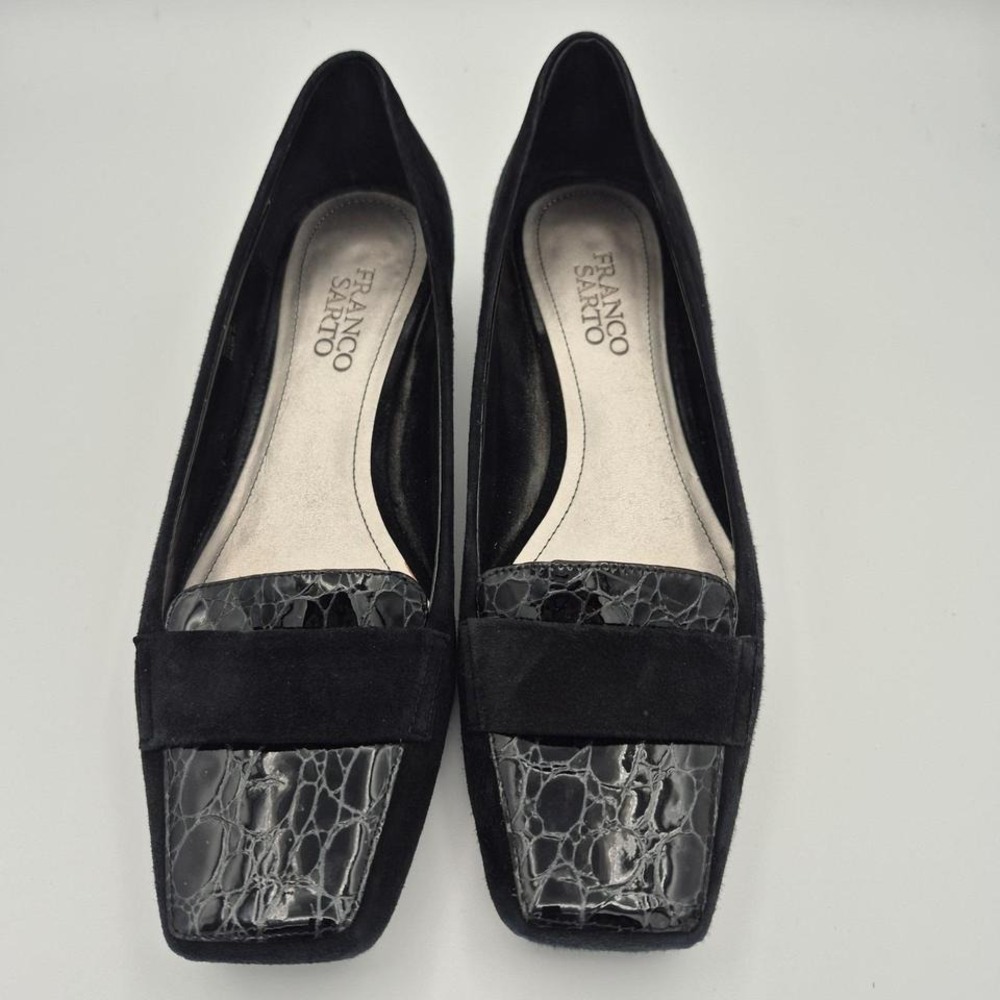 FRANCO SARTO 8M WomenBlack Suede Loafers Faux Croc Trim Square Toe Block Heel